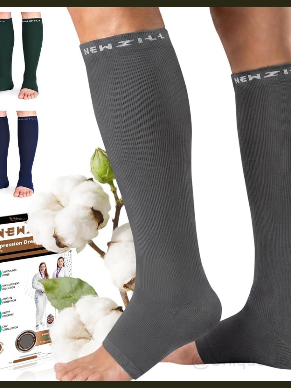 Open Toe Compression Socks 20-30 mmHg Knee High Cotton Copper Infused